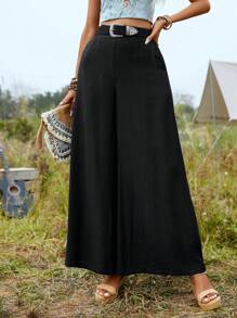 SHEIN LUNE Solid Wide Leg Pants Without Belt - Black - View 4