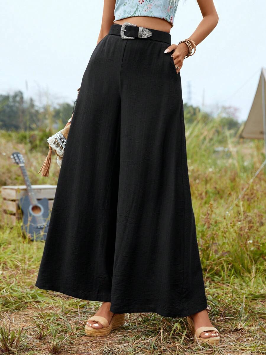 SHEIN LUNE Solid Wide Leg Pants Without Belt - Black - View 1