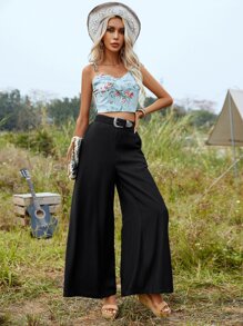 SHEIN LUNE Solid Wide Leg Pants Without Belt - Black - View 8
