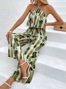 SHEIN Holidaya Brush Print Halter Neck Wide Leg Cami Jumpsuit - Green - View 1