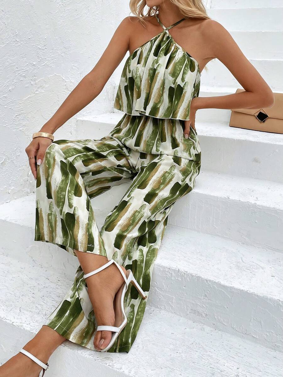 SHEIN Holidaya Brush Print Halter Neck Wide Leg Cami Jumpsuit - Green - View 1