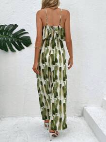 SHEIN Holidaya Brush Print Halter Neck Wide Leg Cami Jumpsuit - Green - View 2