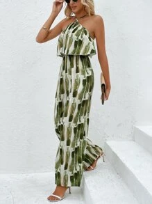 SHEIN Holidaya Brush Print Halter Neck Wide Leg Cami Jumpsuit - Green - View 3