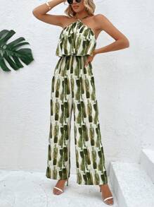 SHEIN Holidaya Brush Print Halter Neck Wide Leg Cami Jumpsuit - Green - View 4