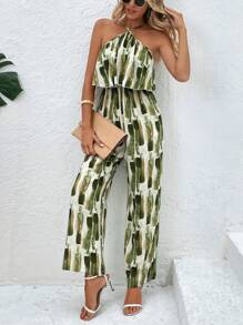 SHEIN Holidaya Brush Print Halter Neck Wide Leg Cami Jumpsuit - Green - View 6