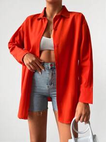 Cottnline 素色前紐扣落肩袖襯衫 - 亮橙色 - 查看 1
