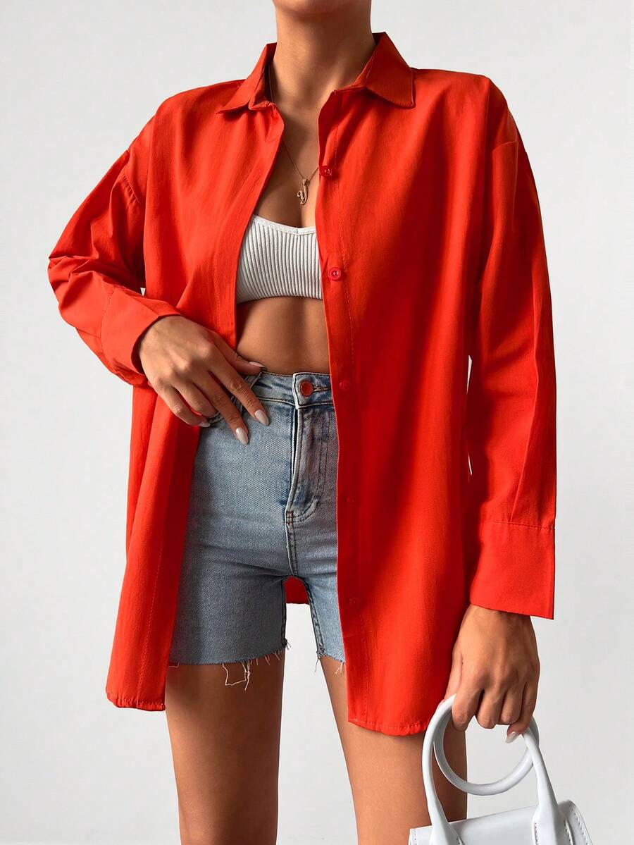 Cottnline 素色前紐扣落肩袖襯衫 - 亮橙色 - 查看 1