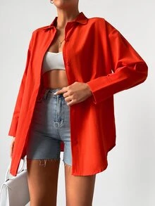 Cottnline 素色前紐扣落肩袖襯衫 - 亮橙色 - 查看 5