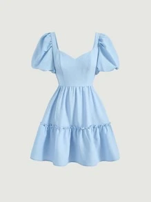 SHEIN MOD 雞心領口泡泡袖荷葉邊洋裝 - 淺藍色 - 查看 1