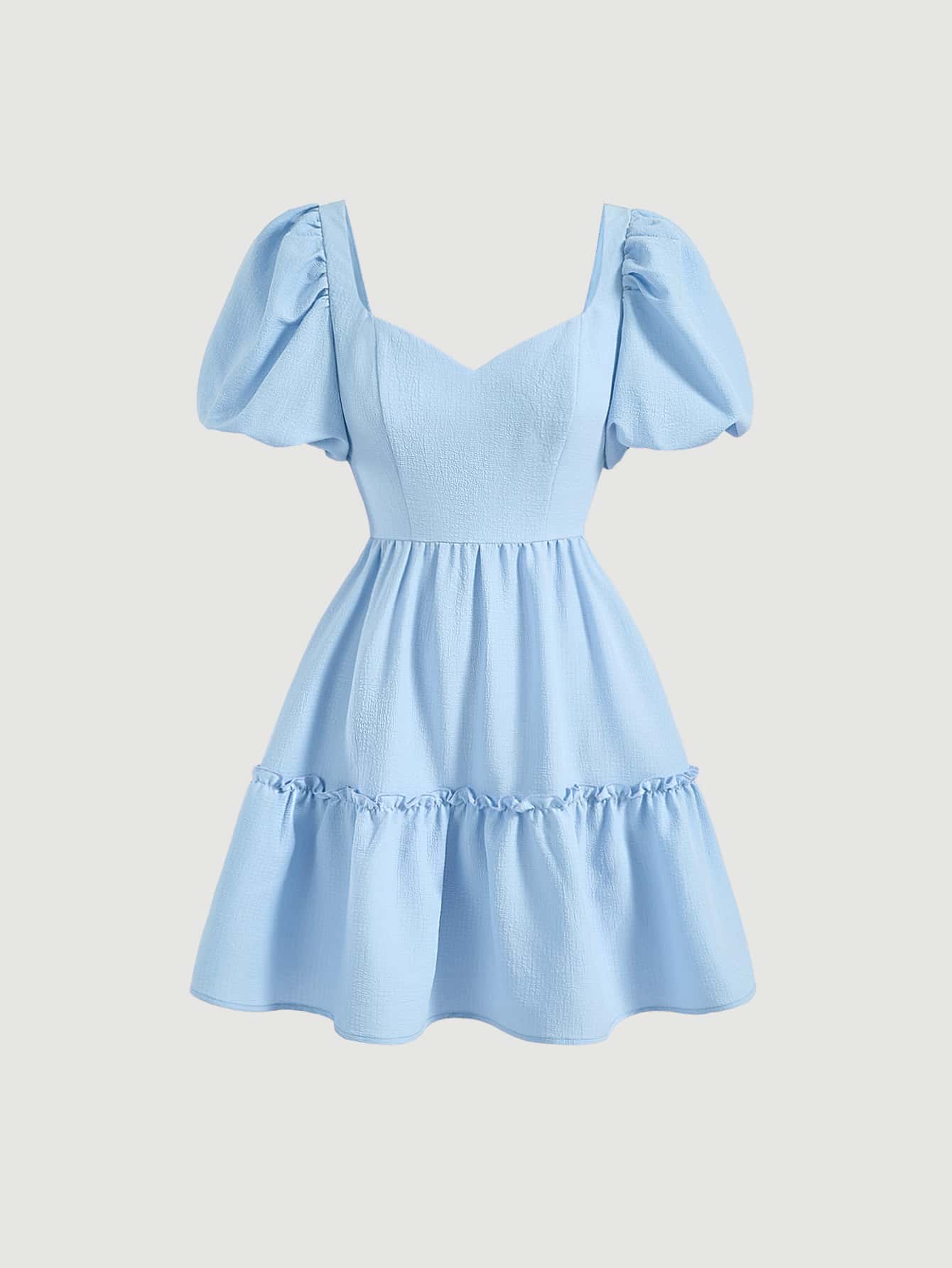 SHEIN MOD 雞心領口泡泡袖荷葉邊洋裝 - 淺藍色 - 查看 1