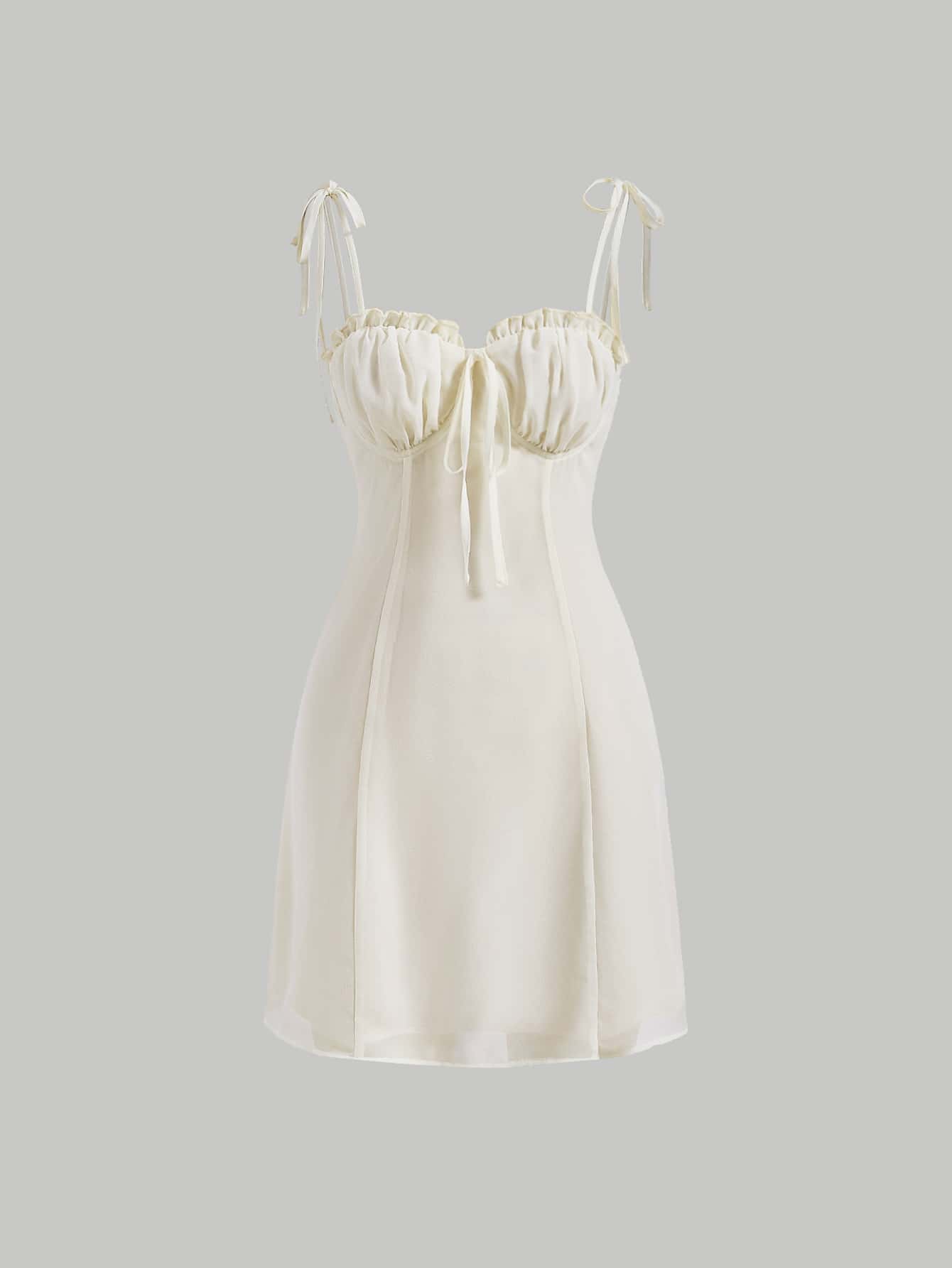 SHEIN MOD 素色褶邊胸部褶皺吊帶洋裝 - 米色 - 查看 1