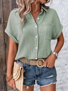 SHEIN LUNE 蝙蝠袖口袋貼布襯衫