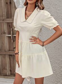 SHEIN Clasi 泡泡袖褶邊荷葉邊連衣裙 - 米色 - 查看 6