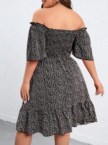 SHEIN Holidaya 大碼碎花荷葉邊連衣裙 - 黑色 - 查看 2