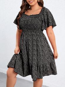 SHEIN Holidaya 大碼碎花荷葉邊連衣裙 - 黑色 - 查看 3
