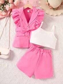 女孩荷葉邊腰帶西裝外套和吊帶背心和短褲 - 彩色 - 查看 1