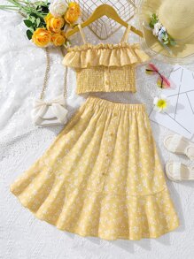 SHEIN 女孩碎花荷葉邊打褶上衣和裙子 - 黃色 - 查看 1