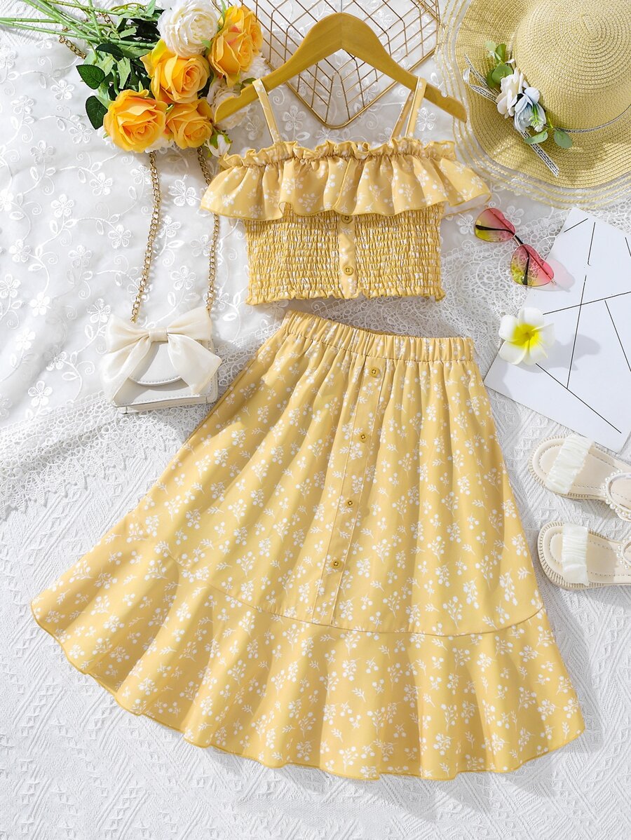 SHEIN 女孩碎花荷葉邊打褶上衣和裙子 - 黃色 - 查看 1