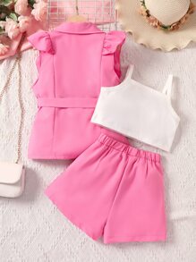 女孩荷葉邊腰帶西裝外套和吊帶背心和短褲 - 彩色 - 查看 2
