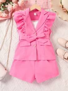 女孩荷葉邊腰帶西裝外套和吊帶背心和短褲 - 彩色 - 查看 3