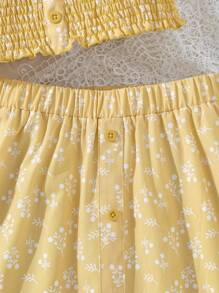 SHEIN 女孩碎花荷葉邊打褶上衣和裙子 - 黃色 - 查看 3