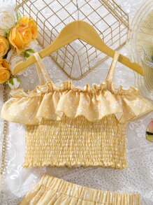 SHEIN 女孩碎花荷葉邊打褶上衣和裙子 - 黃色 - 查看 7