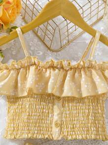 SHEIN 女孩碎花荷葉邊打褶上衣和裙子 - 黃色 - 查看 8