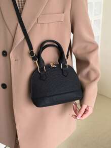 Mini Crocodile Embossed Dome Bag Black Funky Double Handle For Summer Women's Crocodile Embossed Pattern With Top Handle, Vacation Shoulder Bag Fashion Shell Crossbody Bag For Women, Simple Solid Color Satchel Bags For Daily Office Work - Black - View 4