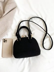 Mini Crocodile Embossed Dome Bag Black Funky Double Handle For Summer Women's Crocodile Embossed Pattern With Top Handle, Vacation Shoulder Bag Fashion Shell Crossbody Bag For Women, Simple Solid Color Satchel Bags For Daily Office Work - Black - View 5