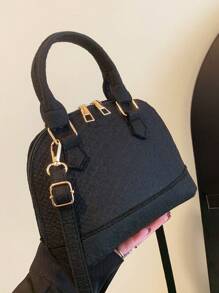 Mini Crocodile Embossed Dome Bag Black Funky Double Handle For Summer Women's Crocodile Embossed Pattern With Top Handle, Vacation Shoulder Bag Fashion Shell Crossbody Bag For Women, Simple Solid Color Satchel Bags For Daily Office Work - Black - View 6