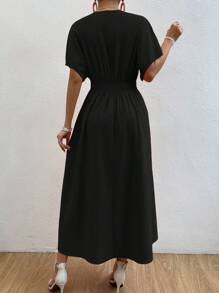 Chiquease Batwing Sleeve Button Front Split Hem Dress Maxi Women Outfit - Black - View 2