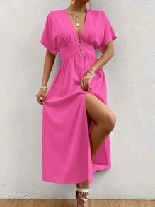 SHEIN Privé Batwing Sleeve Button Front Split Hem Dress - Hot Pink - View 1