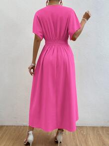 SHEIN Privé Batwing Sleeve Button Front Split Hem Dress - Hot Pink - View 2