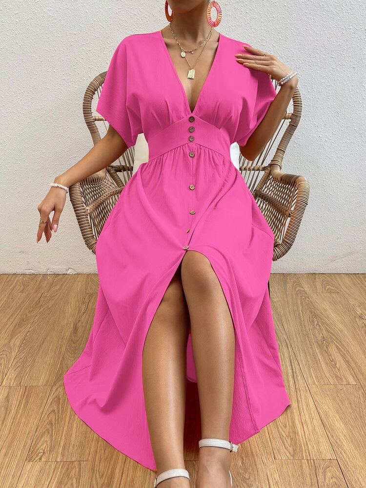 SHEIN Privé Đầm Chia Nút phía trước màu trơn Giải trí - Màu Hồng Tươi - Xem 3