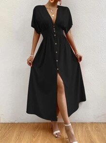 Chiquease Batwing Sleeve Button Front Split Hem Dress Maxi Women Outfit - Black - View 5