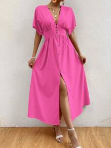 SHEIN Privé Batwing Sleeve Button Front Split Hem Dress - Hot Pink - View 4