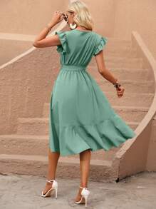 SHEIN VCAY 素色蝴蝶袖圍裹下擺繫腰帶連衣裙 - 薄荷綠 - 查看 2