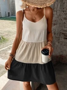 SHEIN LUNE 撞色荷葉邊吊帶洋裝 - 黑色 - 查看 3