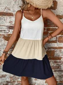 SHEIN LUNE Colorblock Ruffle Hem Cami Dress