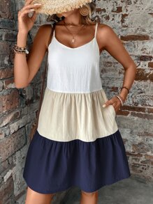 SHEIN LUNE Colorblock Ruffle Hem Cami Dress