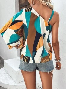 Breezaya 幾何印花不對稱領蝴蝶袖襯衫 - 彩色 - 查看 2