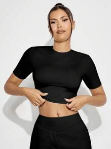 VARSIVA Women's Solid Color Round Neck Short Sleeve Fitted Cropped Casual Sports T-Shirt, Summer - Black - View 2