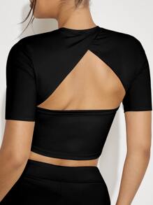 VARSIVA Women's Solid Color Round Neck Short Sleeve Fitted Cropped Casual Sports T-Shirt, Summer - Black - View 5