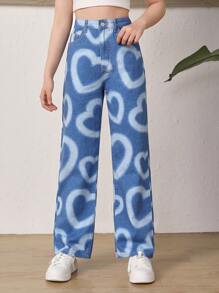 SHEIN Bé Gái Quần Jeans Nút Túi Dây kéo Tim - Rửa trung bình - Xem 1