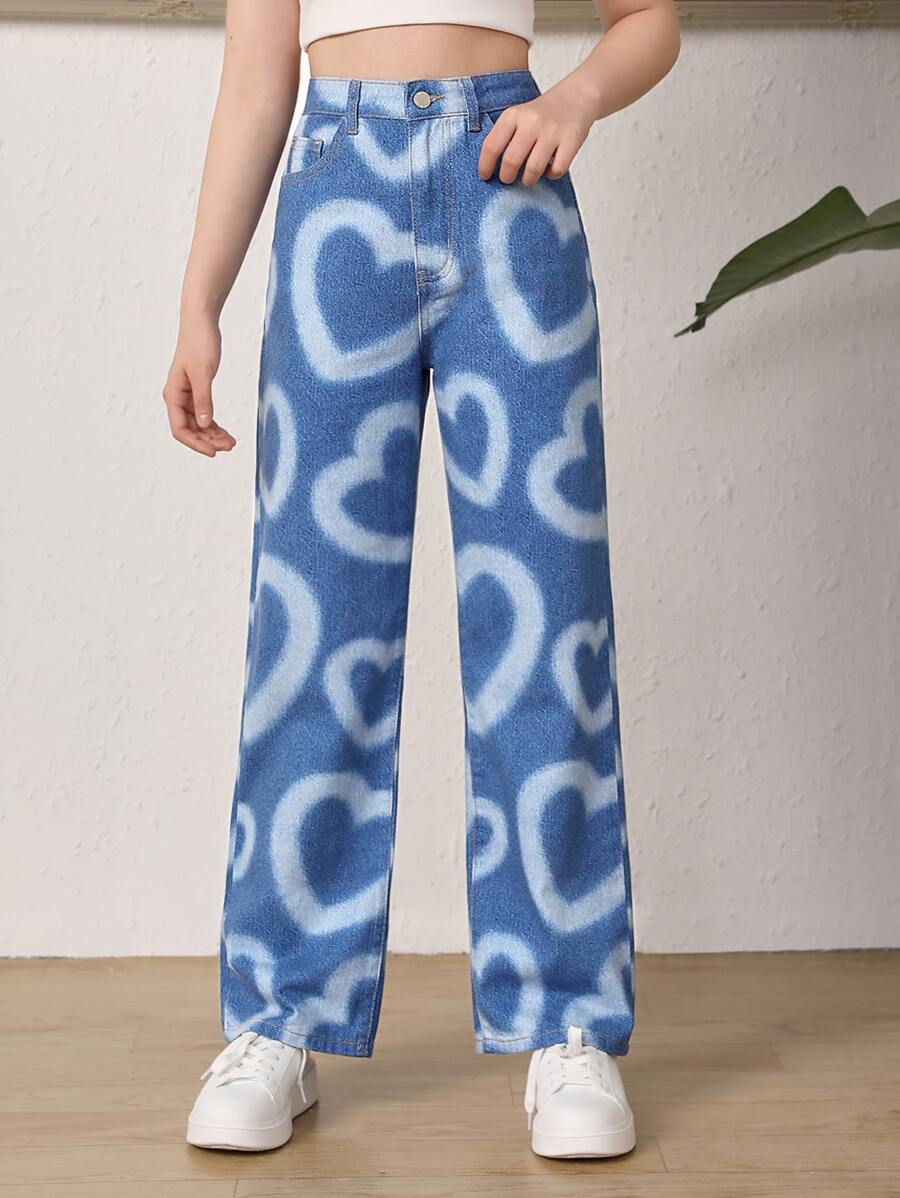 SHEIN Bé Gái Quần Jeans Nút Túi Dây kéo Tim - Rửa trung bình - Xem 1