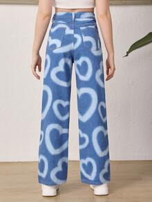 SHEIN Bé Gái Quần Jeans Nút Túi Dây kéo Tim - Rửa trung bình - Xem 2