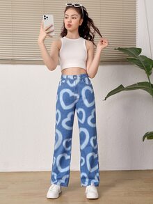 SHEIN Bé Gái Quần Jeans Nút Túi Dây kéo Tim - Rửa trung bình - Xem 4