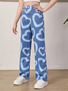 SHEIN Bé Gái Quần Jeans Nút Túi Dây kéo Tim - Rửa trung bình - Xem 5