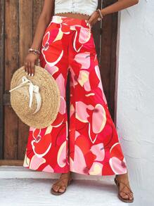 SHEIN VCAY Allover Print Wide Leg Trousers - Red - View 1