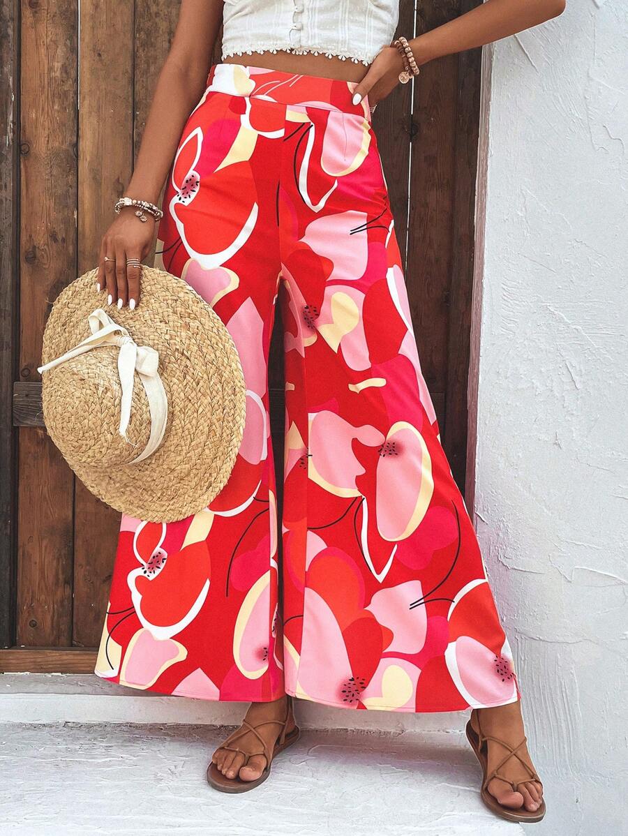 SHEIN VCAY Allover Print Wide Leg Trousers - Red - View 1